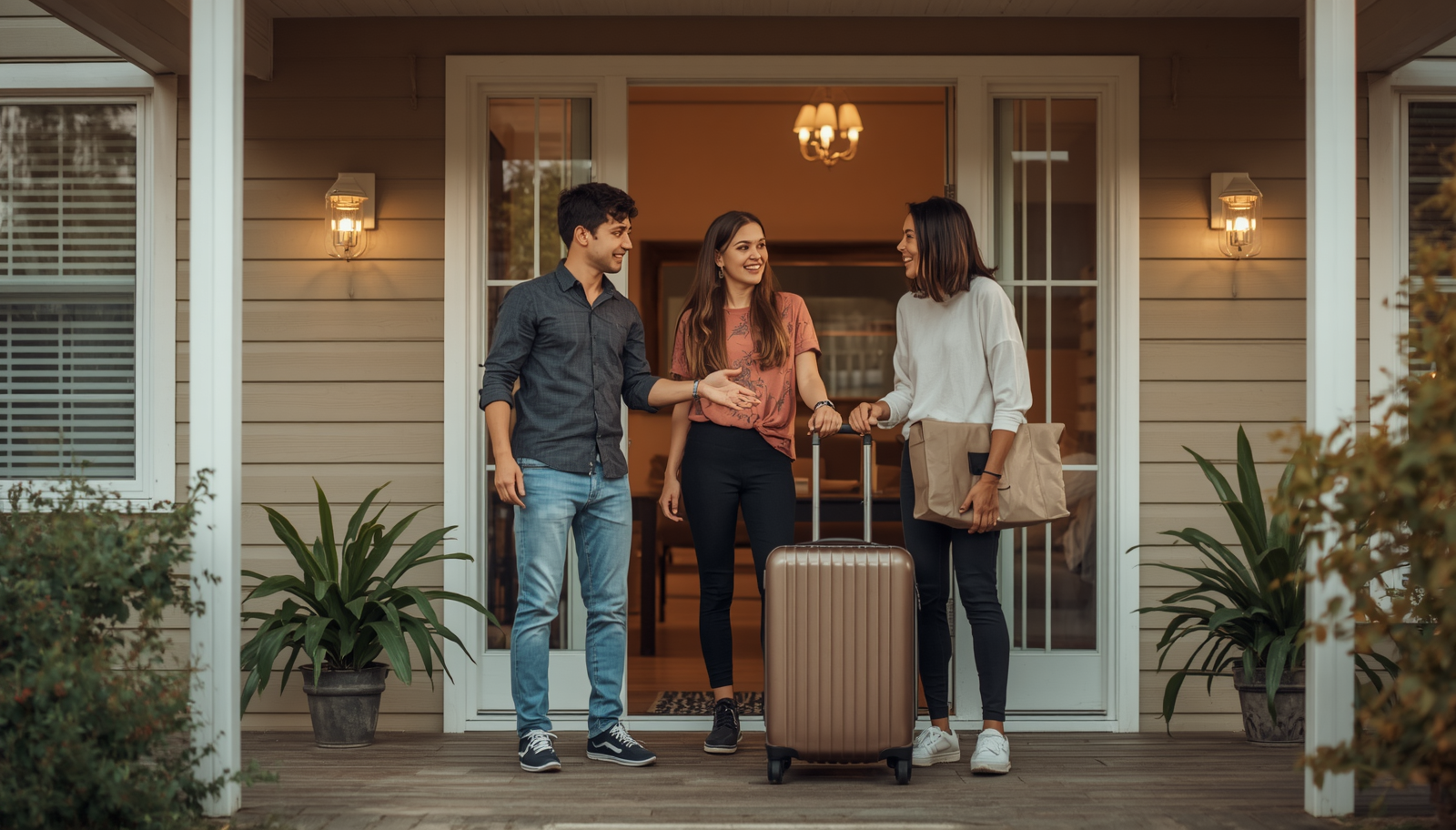 Host family welcoming an international student at the front door