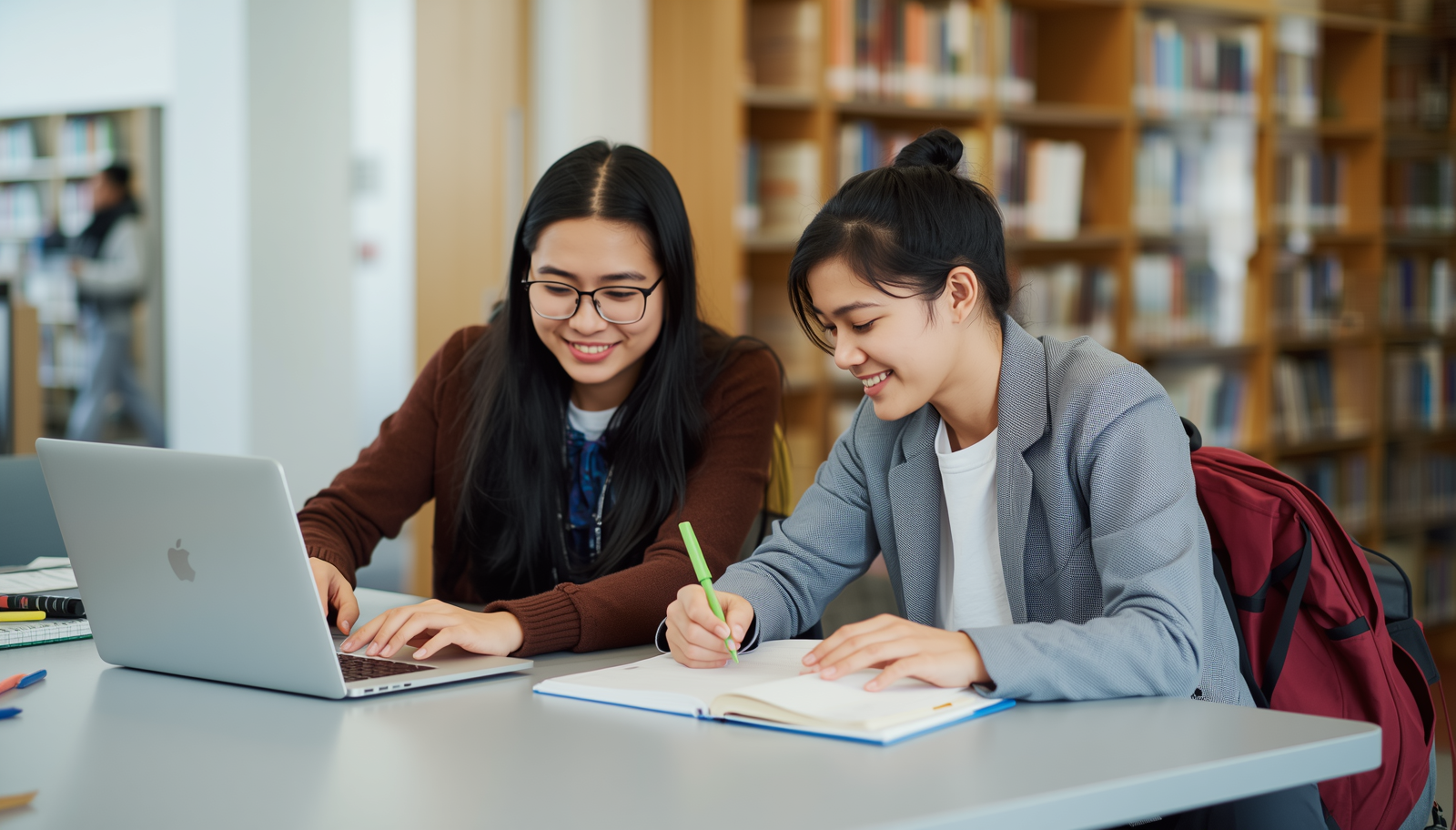 Two diverse students studying together in a library