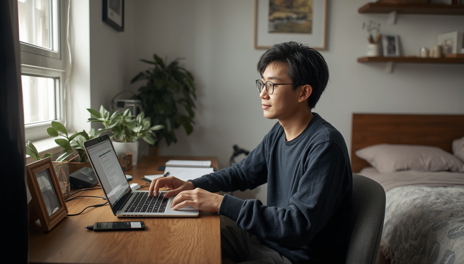 International student studying at a desk in a homestay bedroom